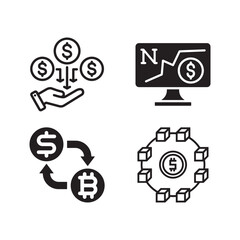 Set of four simple black and white icons representing financial transactions and cryptocurrency concepts