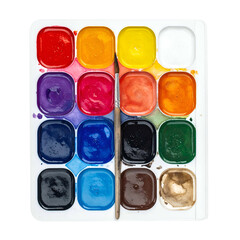Paint palette with twelve vibrant watercolor colors and a paintbrush.
