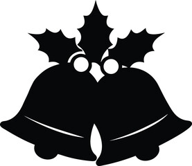 Christmas Bells with Holly Black Silhouette Vector Illustration.