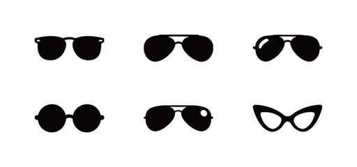 Sunglasses and eyewear icons set in black solid silhouette style, fashion and summer accessories