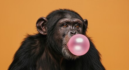 Chimpanzee with Bubble Gum: An engaging chimpanzee blows a bubble gum bubble against a warm-toned backdrop. A burst of color and playful expression from the animal kingdom. 