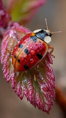 Ladybug crawling on stem concept, Close-up of a vibrant beetle on a leaf showcasing nature's beauty.