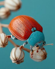 Ladybug crawling on stem concept, Colorful beetle resting on a delicate flower bud.