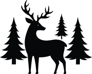 Deer with christmas tree vector silhouette illustration. Majestic Deer with Christmas Tree Silhouette Vector Illustration. 