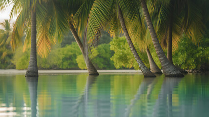 tropical island with palm trees and lake