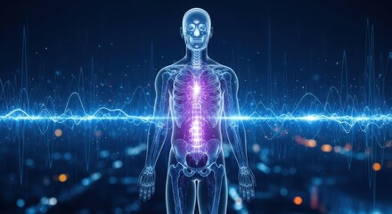 Abstract digital human body skeleton with glowing spine and futuristic blue energy field