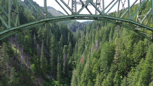 Abandoned Vance railroad bridge in western Washington. Flight passes under the bridge, showing detail in the steel structure and trusses.