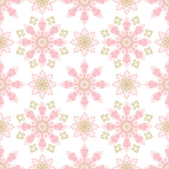 Soft pink and beige floral pattern vector on elegant white background, delicate classic flower design, perfect for fabric, textile, ceramic tile, and decorative surface art