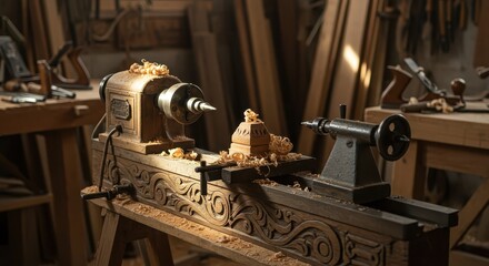 Vintage woodworking lathe with wood shavings in a workshop.