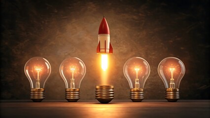Illustration of rocket launching from light bulb among others, concept of innovation and success
