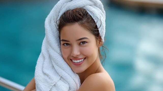 Radiant Beauty After Bath: A fresh-faced woman, swathed in a soft towel, beams a genuine smile, radiating health and a sense of serene relaxation.