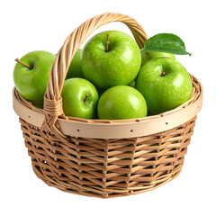 Wicker basket overflows with vibrant green apples on a dark background.