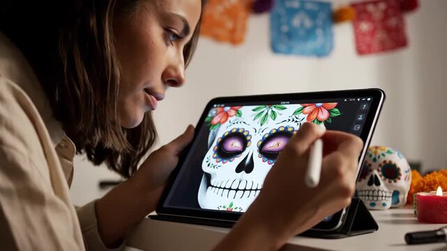 Woman using a tablet to create a digital sugar skull design with floral patterns in a room with Day of the Dead decorations.