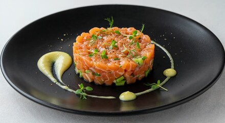 Gourmet Salmon Tartare: A visually stunning close-up captures the exquisite arrangement of gourmet salmon tartare, a culinary masterpiece of flavors and textures, tantalizing the senses.