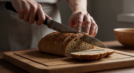 Artisan Bread Slicing: A close-up captures the precise act of slicing a loaf of artisan bread on a wooden cutting board. A testament to culinary finesse and the simple pleasures of food.