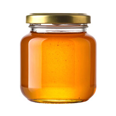 Golden honey fills a clear glass jar with a metallic lid.