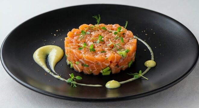 Gourmet Salmon Tartare: A visually stunning close-up captures the exquisite arrangement of gourmet salmon tartare, a culinary masterpiece of flavors and textures, tantalizing the senses.