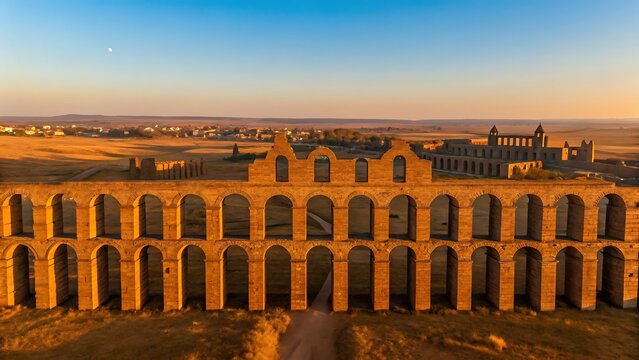 Illustration of aerial view of the historic aqueduct of padre tembleque in mexico at sunset