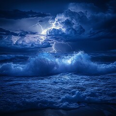 Spectacular ocean storm scene featuring intense lightning strikes illuminating turbulent waves and dark, dramatic clouds, capturing the raw power of nature