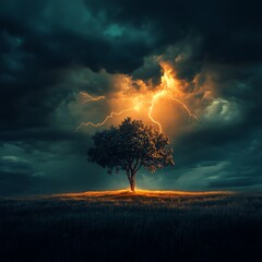 The gloomy stormy sky is filled with the ominous threat of natural disasters and cataclysms as lightning strikes near a solitary tree  high resolution   for isolate image