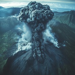Photography of natural disasters including volcanic eruptions in mountain ranges from an aerial view showcases eruptive forces  high resolution   for isolate image