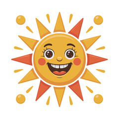 happy sunshine character, wide smile expression, bright radial beams, cheerful morning vibe, cartoon summer icon, friendly vector