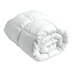 Fluffy white comforter is rolled for storage against a black background.