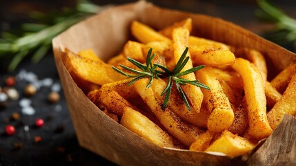 Crispy golden fries with rosemary and spices in a brown paper box