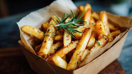 Crispy golden fries with rosemary and spices in a brown paper box