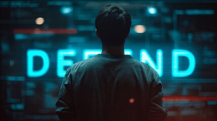 Male computer programmer observing a digital interface with 'DEFEND' displayed prominently.