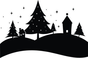 Christmas scene vector silhouette icon, Christmas village clipart, merry christmas, Christmas Village Silhouette Scene - Winter Town Vector Skyline Collection