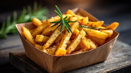 Crispy golden fries with rosemary and spices in a brown paper box