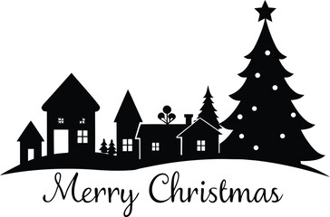 Fototapeta premium Christmas scene vector silhouette icon, Christmas village clipart, merry christmas, Christmas Village Silhouette Scene - Winter Town Vector Skyline Collection