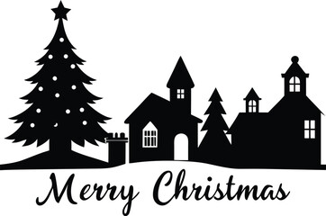 Christmas scene vector silhouette icon, Christmas village clipart, merry christmas, Christmas Village Silhouette Scene - Winter Town Vector Skyline Collection