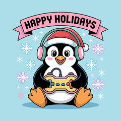 Happy holidays penguin gamer, pastel blue background, stars and snowflakes, cute controller pose, seasonal greeting, festive vector illustration