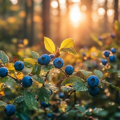 Wild blueberries in sunlit forest with dew-kissed leaves and autumnal vibe  high resolution   for isolate image