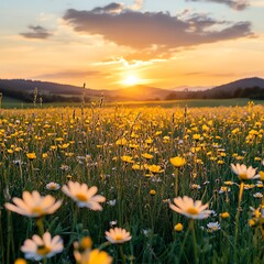 Golden wildflowers at sunset in serene summer meadow landscape  high resolution   for isolate image
