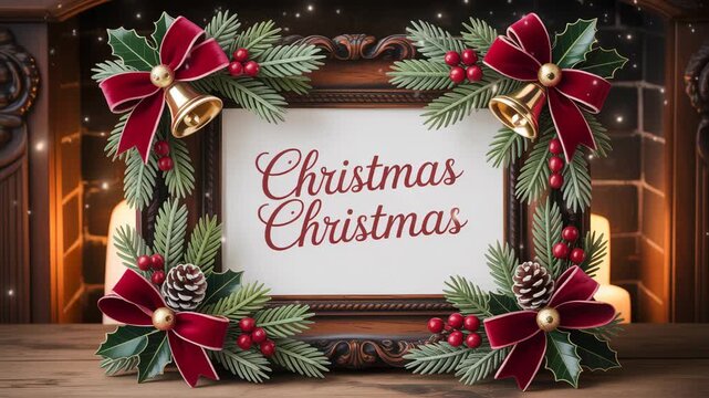 Ornate wooden picture frame adorned with traditional Christmas garland, holly, velvet bows, and golden bells against a cozy fireplace 4k hd video download