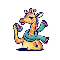 Friendly giraffe gamer, earbud cord looping, playful smile, simple mint background, tech mascot design, cute vector graphic