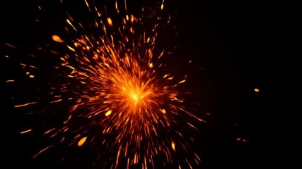 A vibrant orange and red fiery explosion radiates outward against a stark black background, creating a dynamic burst of light and energy with numerous small sparks. - Powered by Adobe
