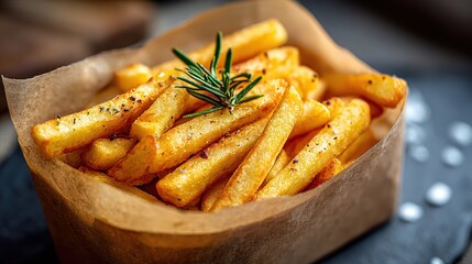 Crispy golden fries with rosemary and spices in a brown paper box