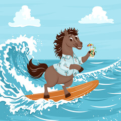 A horse in a shirt with palm trees and a cocktail rides the waves on a surfboard.Year of the Horse