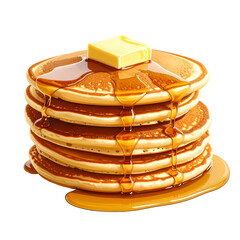 Stack of golden pancakes with melting butter and dripping syrup.