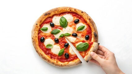 Illustration of hand taking a slice of delicious pizza margherita isolated on white background