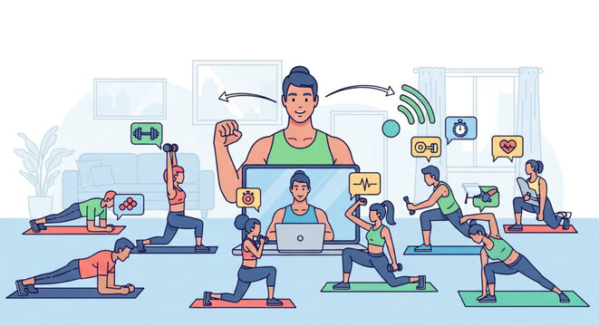 Online fitness class concept with group of people doing exercise at home with trainer on laptop screen, vector illustration