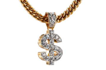 Gold chain with diamond dollar sign pendant on a black background