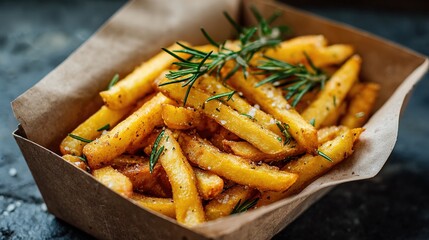 Crispy golden fries with rosemary and spices in a brown paper box