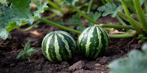 Growing striped melons among vibrant yellow flowers in a garden