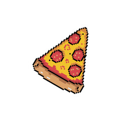 pixel pizza slice icon, melted cheese and pepperoni, minimal white background, tasty fast food, retro 8 bit
