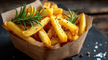 Crispy golden fries with rosemary and spices in a brown paper box